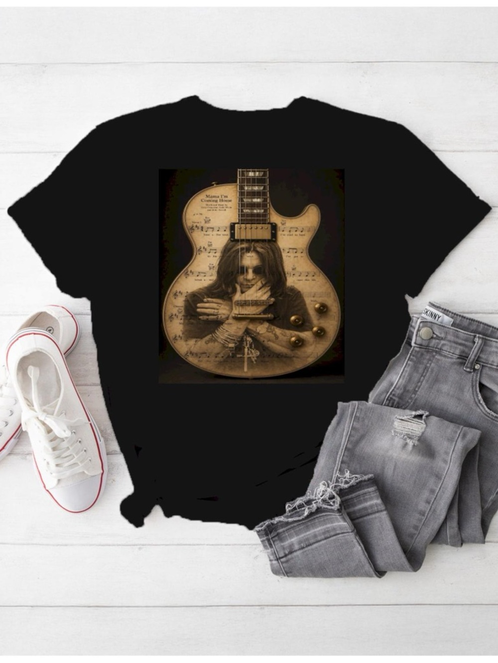 Black Graphic Tee with Sepia Guitar Print